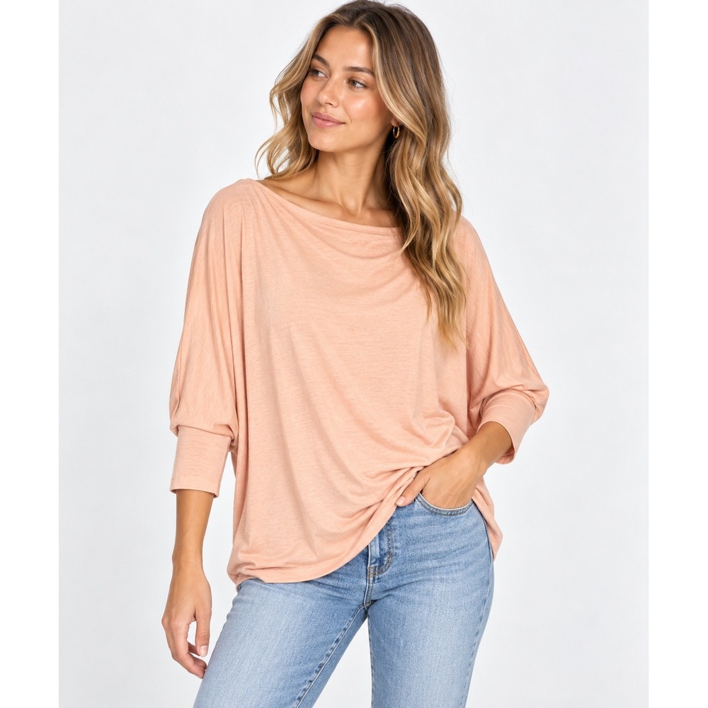 Zenana Peach Dolman Sleeve Top L Oversized Draped Batwing Stretch Knit